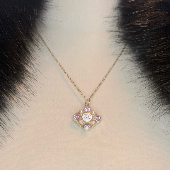 Upcycled CC Button Pink Crystal & Pearls Pendant Necklace 18” w/ Gift Box - Picture 7 of 8